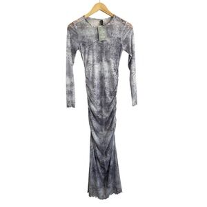 NWT Mesh Sheer Gray Ruched Maxi Dress Long Sleeve Small Goth Fairy Grunge Edgy